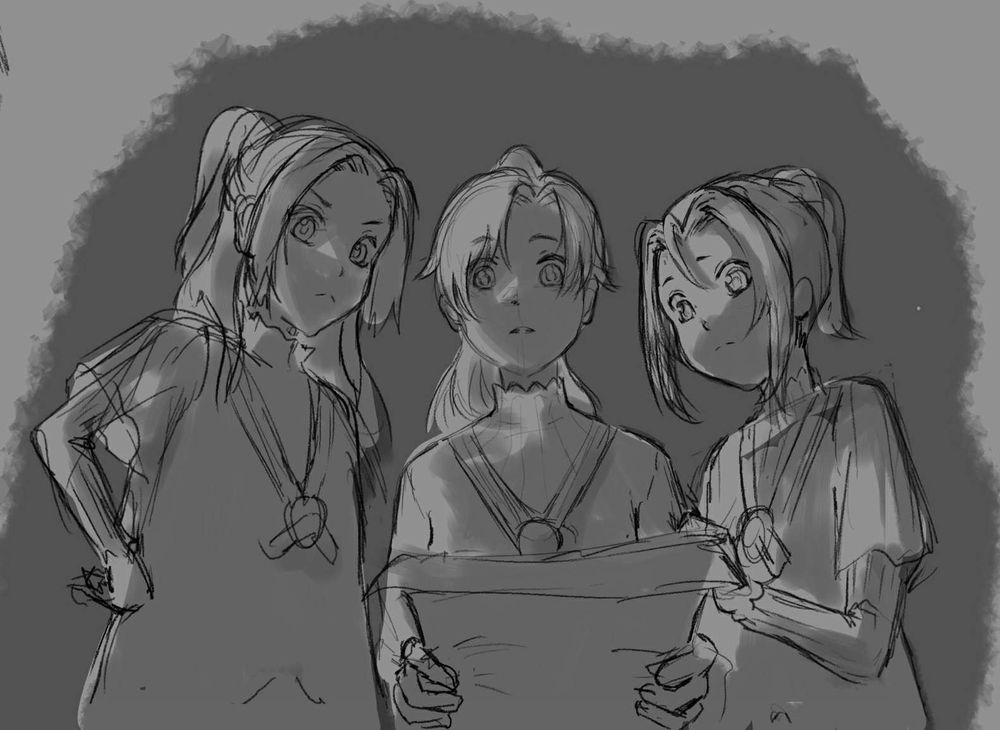 greyscale sketch of three child characters from right to left: wen qing, wei wuxian, wen ning, looking at a piece of paper wei wusian is holding