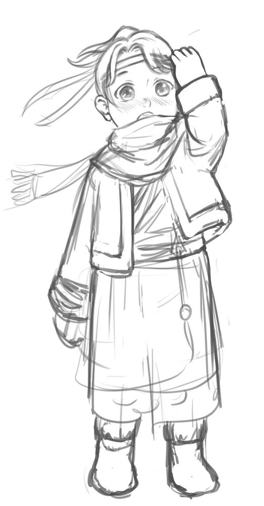 black and white sketch of young A-Yuan aka Lan Sizhui from Mo Dao Zu Shi in a coat and scarf 