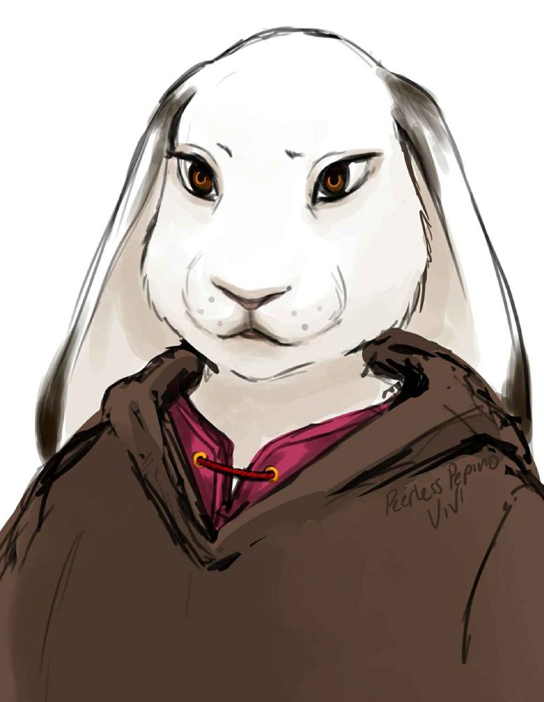 a white anthropomorphic rabbit with black tipped floppy ears and brown eyes. She is wearing a brown coat over pink shirt. 