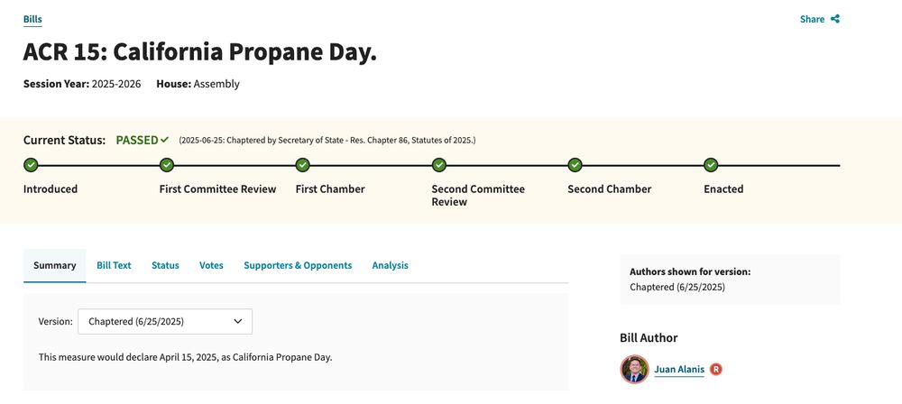 screenshot of the CalMatters Digital Democracy Tracker showing a bill called: "ACR 15: California Propane Day" passed and was enacted this year. California Propane Day, authored by Republican Juan Alanis, is April 15, 2025.