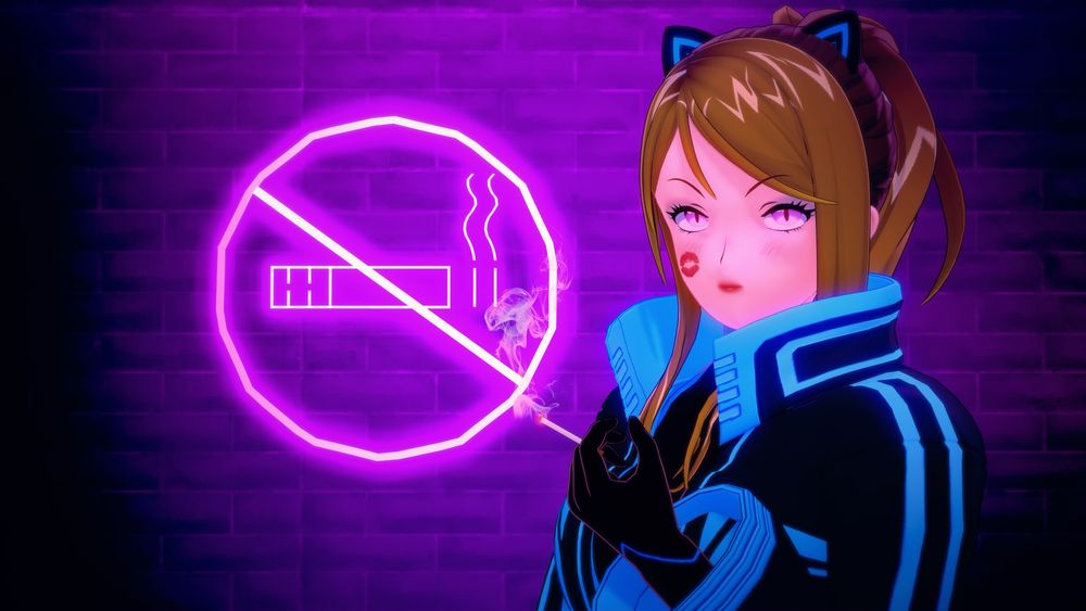 Briley, with a very unimpressed face, smoking in front of a purple neon "no smoking" sign
