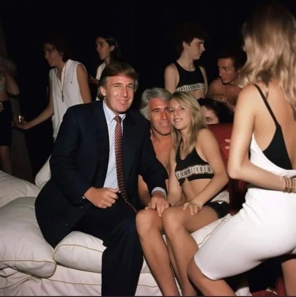 Trump, seated, poses for a photo with Jeffrey Epstein and a scantily-clad young female who appears to be a teenager. Trump’s left hand is placed on her inner thigh.