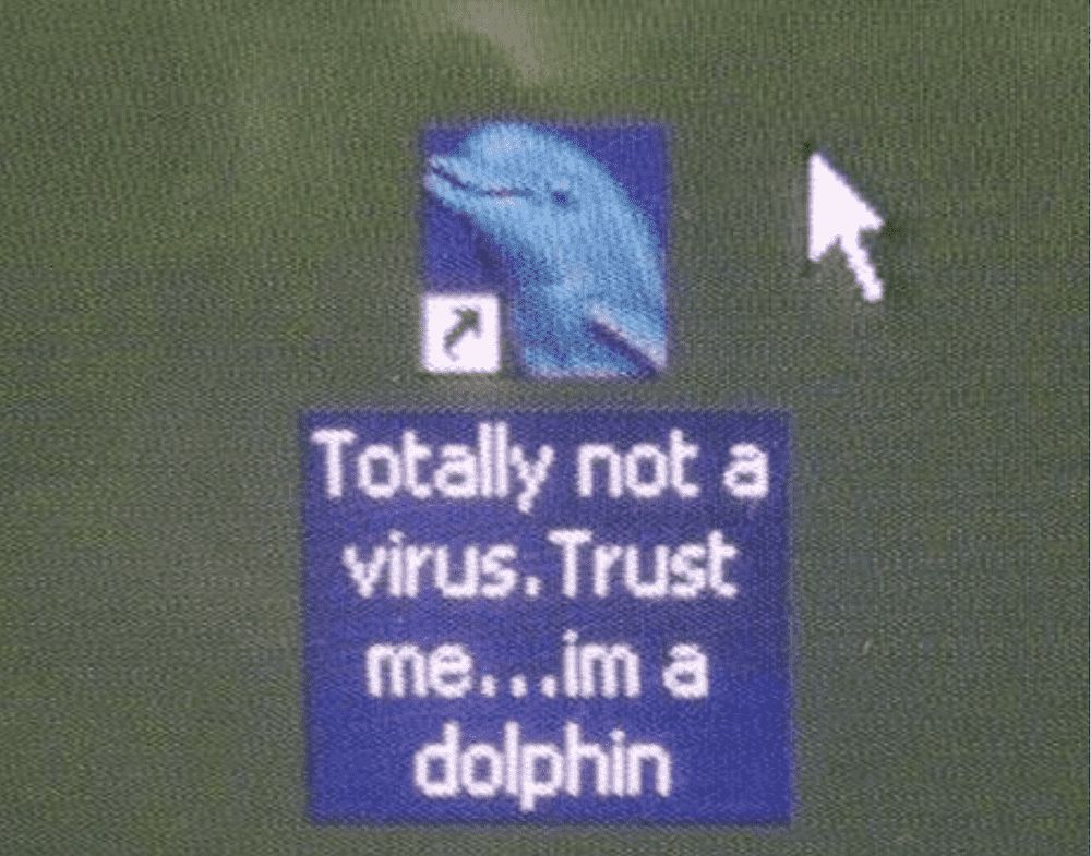 icone d'une application windows avec un dauphin ayant pour nom "Totally not a virus, Trust me... I'm a dolphin"