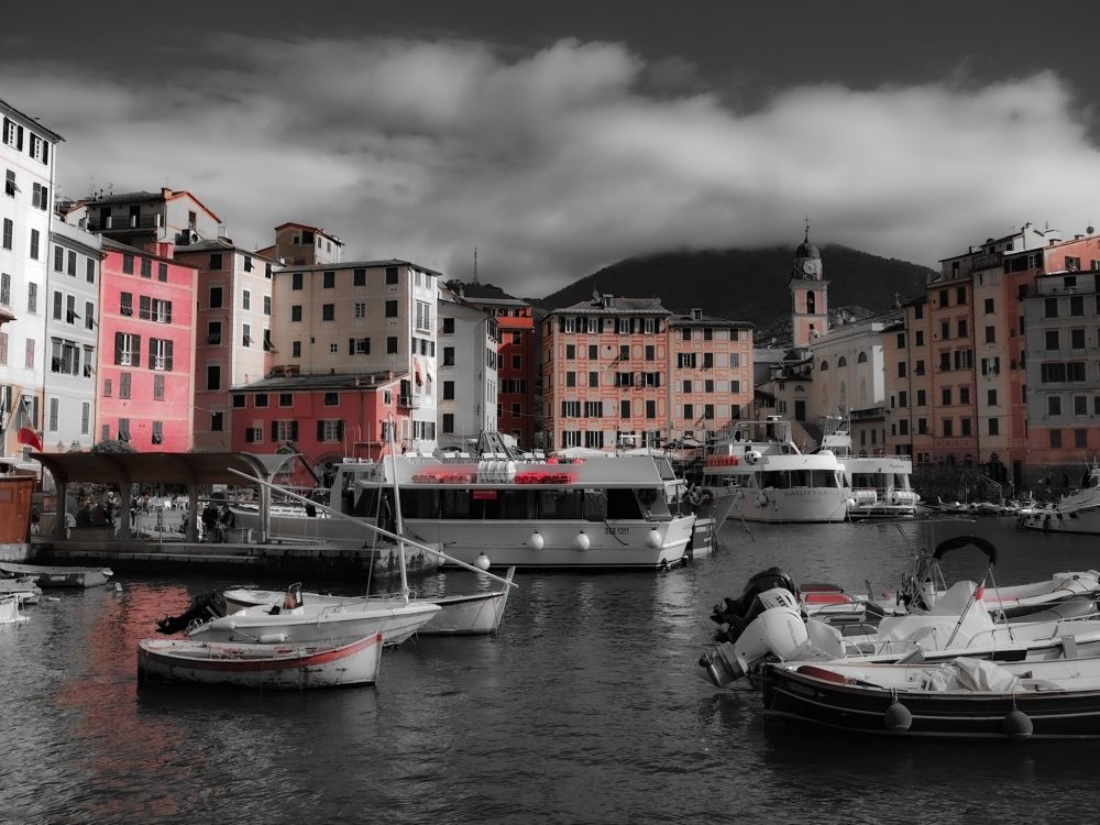 The harbour of Camogli. All colours apart from red eliminated. Boats in the foreground, houses and a church in the background. 