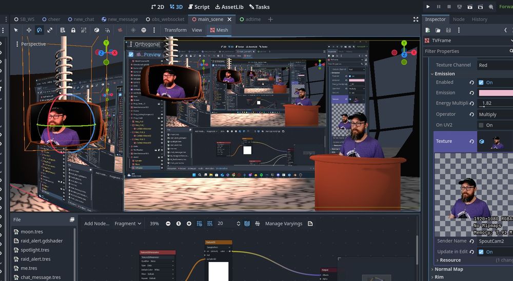 A view of Godot editor showing various objects in a virtual studio for streaming.