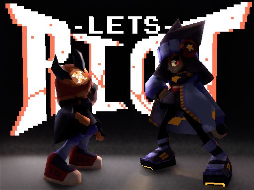 Sapphire and Rubi Sakura, a black haired-red eyed adventurer, and metal redhead devil respectively, standing before a glowing sign reading simply -LET'S RIOT-
