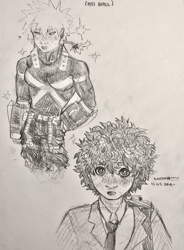 post battle: kacchan is standing there, talking to a police officer who is conveniently off-frame. he is looking very pretty with cluster sparkles all around him. izuku is looking at him, a little disheveled because he came there in a rush! he is thinking “kacchan!!!!!! is he oka-“