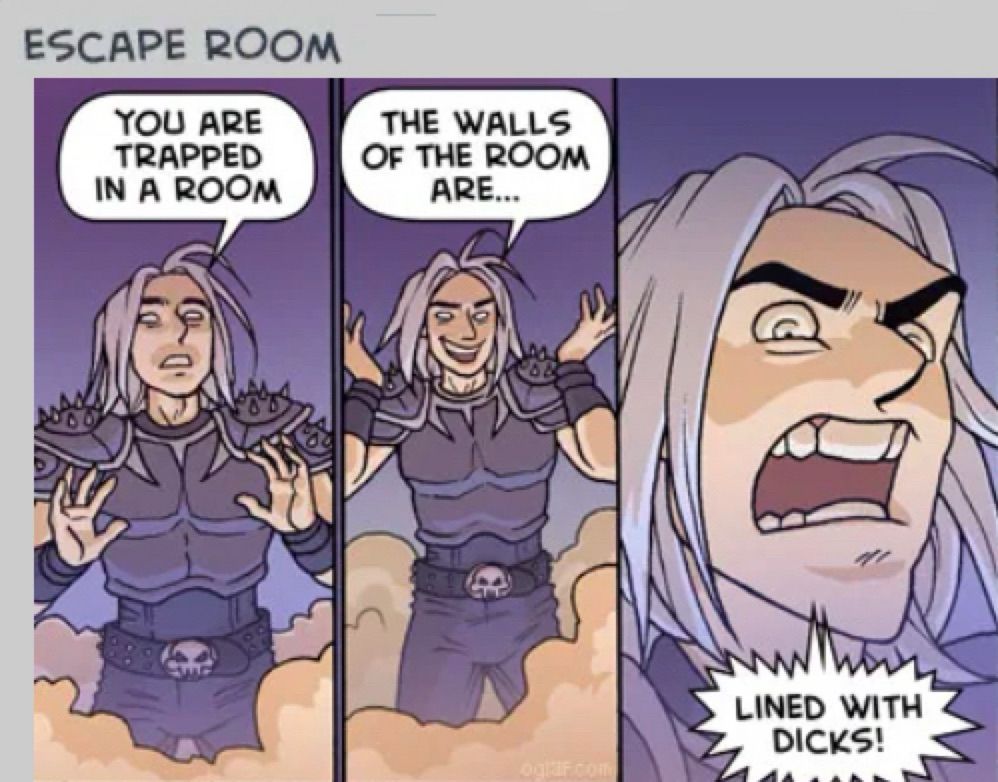 Three panels from hilarious fantasy webcomic Oglaf showing a character inspired by the villain of live comedy show The Dark Room. Over the three panels he is telling someone out of shot “You are trapped in a room. The walls of the room are… lined with dicks!” 