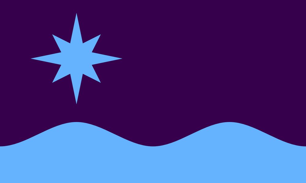 MN flag submission F30: upper 2/3 purple, lower 1/3 light blue with wavy border between, and a light blue eight pointed star in the upper left corner