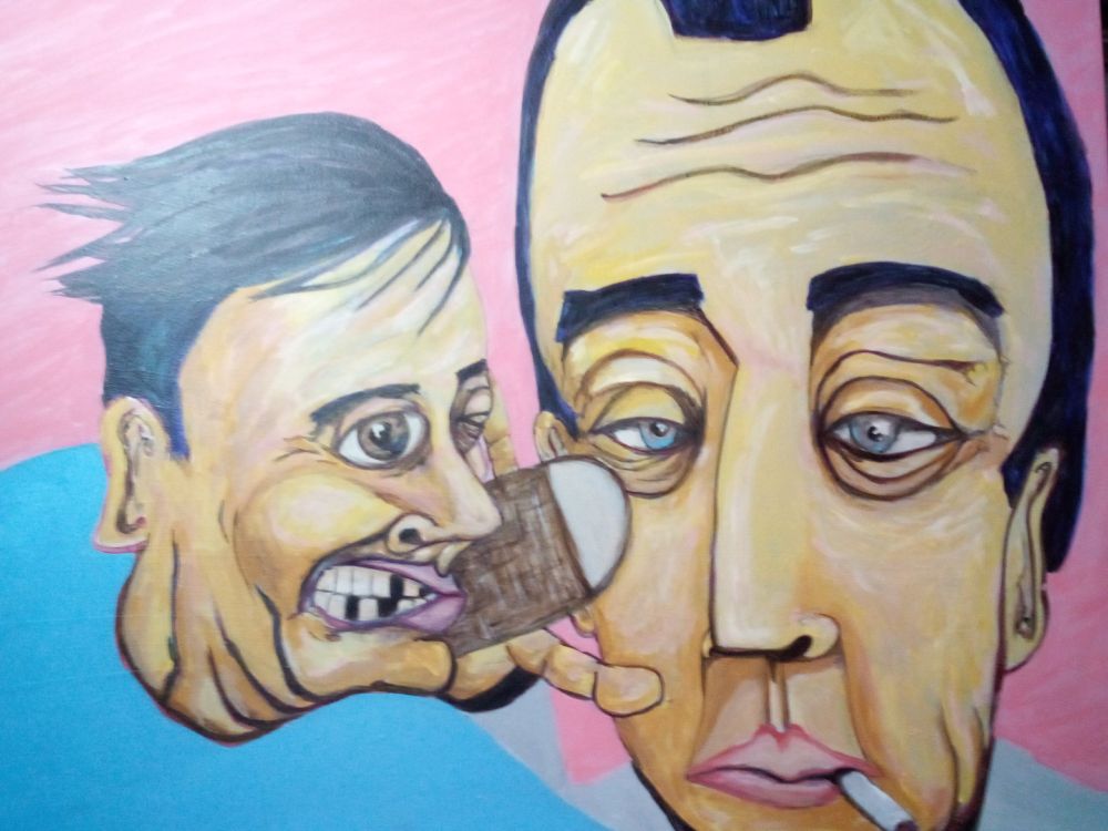 on a faintly expressive pink background "albert camus sharing a crusty baguette with the artist and armature meme lord james lawrence thornton" is a acrylic painting depicting what would possibly happen if you (me in this particular instance wearing a powder blue shirt) encountered albert camus in a dream and let him know everything you know about him and his work you learned in a shit-posting internet meme group. the tasty abruptly loaf hitting the lips before an ill advised reference to the 1995 ben affleck/sam rockwell college sex romp "glory days" can be made. by the time you pick up your glasses, al has moved on and your middle aged bladder is waking you up in the middle of the night. time to make the gonuts. i'm not exactly smart enough to put the well placed sisyphus joke i wanted to here but i know one would work great here so just imagine it is a banger.