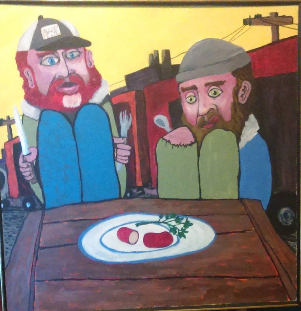 "two hipster hobos sharing a bean"
acrylic on panel 
2016 not for sale. i sold it during the 2017 east austin tudio tour.
#art #fineart #acrylicpainting #panelart #trainart #hoboart #beanart #traditionalmediums #traditionalhighs #tratioallows #artwhat'snot #whimsy

back in 2015 i worked at a bougie butcher shop in town. the chef who was pretty cool, and a bartender who insisted on talking down to the dishwashers were my unknowing models for the two hipster hobos. i painted this after i quit. because they started charging me to drink there. call me old fashioned, but you shouldn't have to pay to drink at a place you work at.