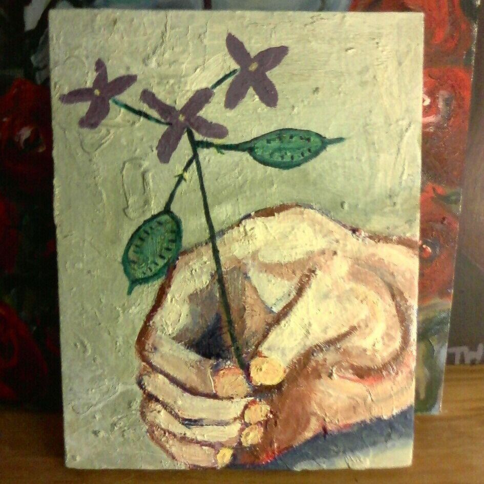 "money plant for paying the bills"
acrylic on canvas 
2011
not for sale
when i was in fifth grade i had a crush on a girl in my class. i got a lot of crushes back then. before school one day i found a pretty purple flower in the front yard and picked it for her. i showed my mom and she got as mad as when she overheard me misuse the word "blowjob" a few years later. i didn't get the soap treatment, but the scars from that guilt trip lasted from 1990 until 2011, when i was visiting my family for the holidays and realized i didn't have a gift for my mom so i made her this. i think this was the christmas she felt the need to lie to me about the family going to europe without me. when i tried to talk to them about it; my step dad had no problem pointing out i was an asshole, without any of the emotional intelligence to realize i was acting like them and talking to them the way they talk to people they might "not be mad at just disappointed". it took me another couple of years to really wrap my own head around it. we were close once. its weird the contempt i get when i try to remind them of that when attempting to appeal to their bare minimum of human decency.