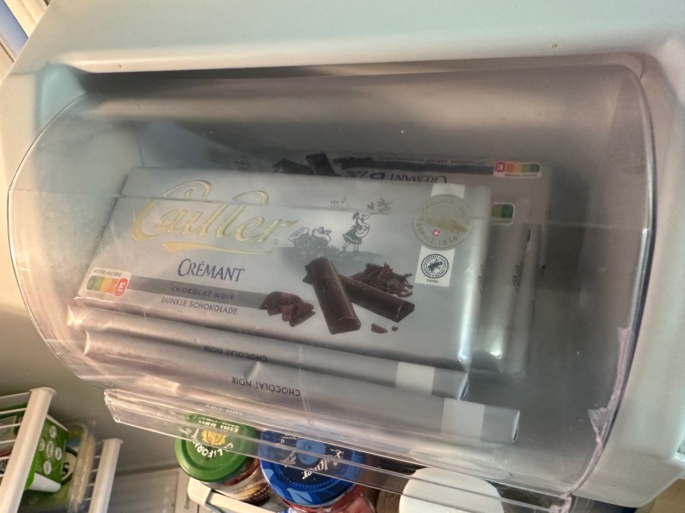 I may have stocked up on my favorite. A bunch of cremant chocolate bars stashed in the butter tray space of a refrigerator. 