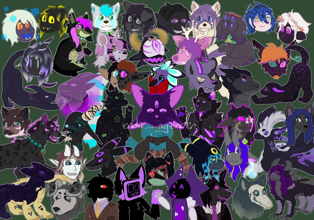 digital drawing of 45 characters, mostly headshots but a few halfbodies and fullbodies. flat color, no shading, solid color background.