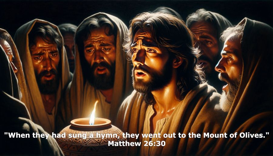 Bible Verses About Music - Jesus and and his disciples singing a hymn - Matthew 26:30 - "When they had sung a hymn, they went out to the Mount of Olives." - ChristianArtExpo image 