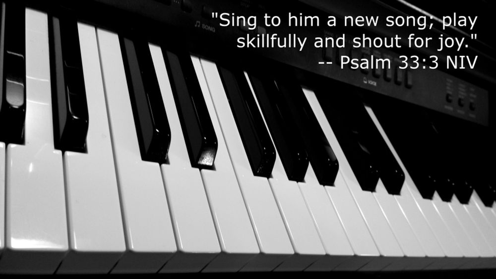 Black & white photo of Yamaha Piano Keyboard - Psalm 33:3 - "Sing to him a new song; play skillfully and shout for joy." - Photo by Whitney V. Myers