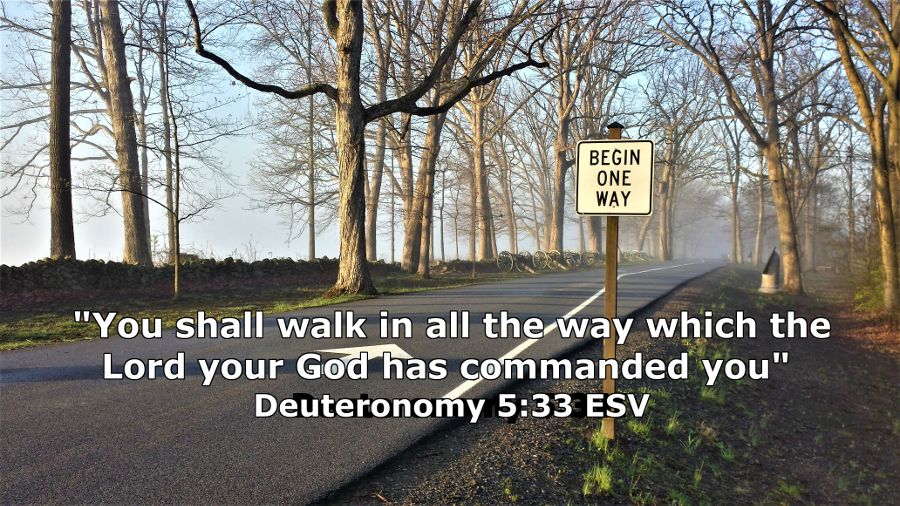 Gettysburg Battlefield road with sign "Begin One Way" - "You shall walk in all the way which the Lord your God has commanded you" - Deuteronomy 5:33 -  Photo by Whitney V. Myers