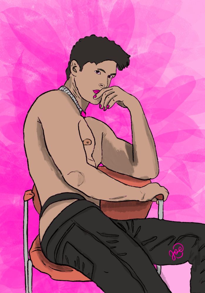 A digital sketch of a man wearing only pants, sitting on a chair in a sexy position.