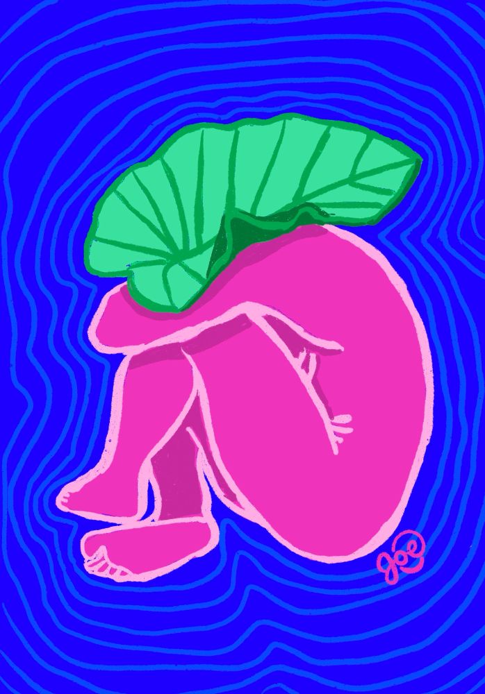 A digital sketch of a man sitting in a pose with a big leaf hiding his head. 