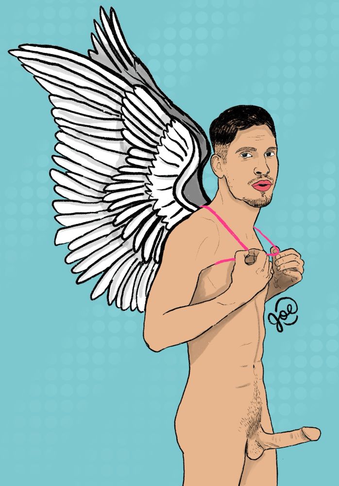 A digital sketch of a man, who is naked and his penis is erect. He has wings on his back and he is holding the threads of the wings.