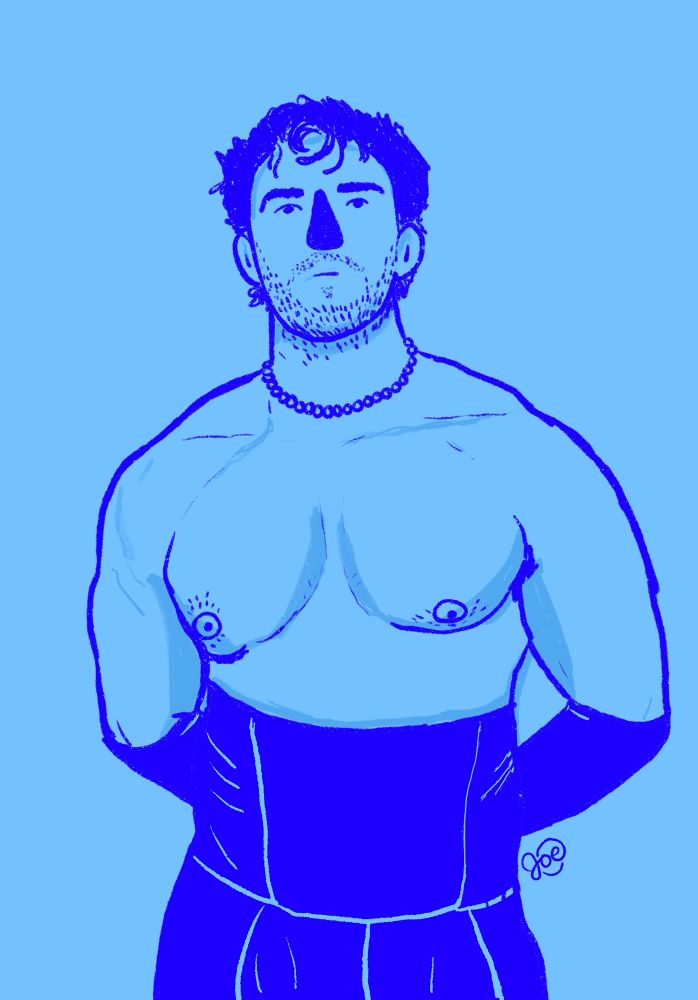 A digital sketch of a man wearing a corset and gloves. 