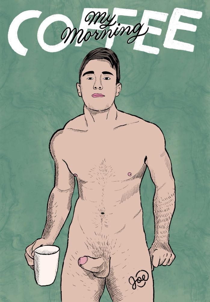 A digital sketch of a man nude with his penis erect, holding a cup of coffee.