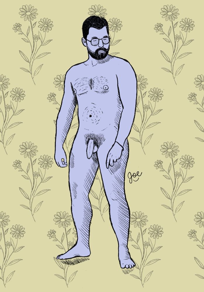 A digital sketch of a man standing naked. 