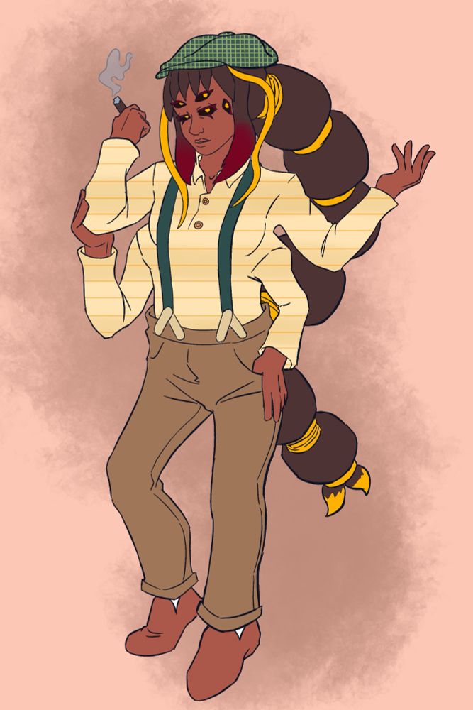 Cynthia a gijinka of a giant centipede.
Wearing as costume that centipede guy from Charlie and the giant peach.