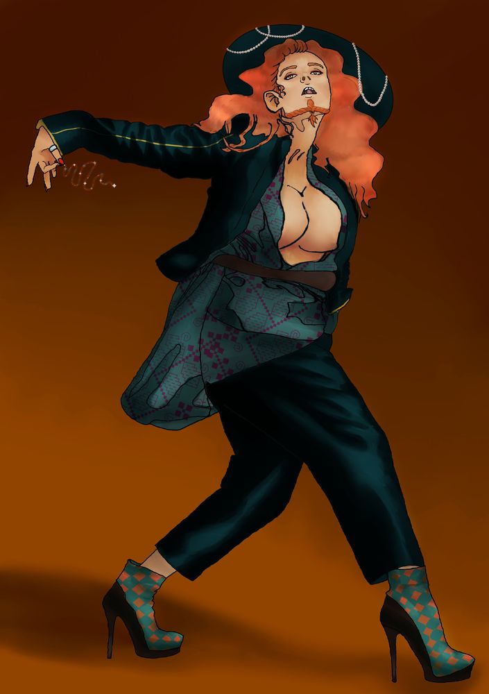 Murray Mag'Nesson from Critical Role Campaign 4. She's dressed in a low cut teal suit in front of a burnt orange background with a thread of frequency magic being drawn by her right hand.
