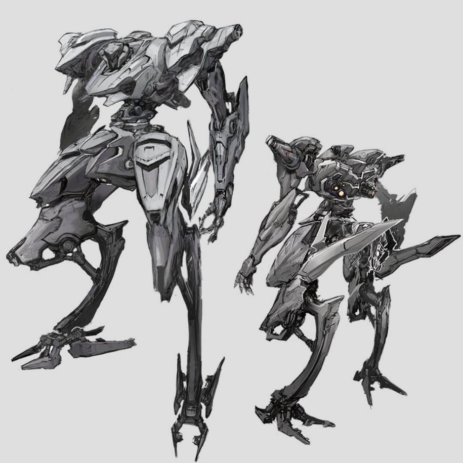 Concept art for the NACHTREIHER/E AC from the game Armored Core VI. The mech features a sleek profile and reverse-joint legs