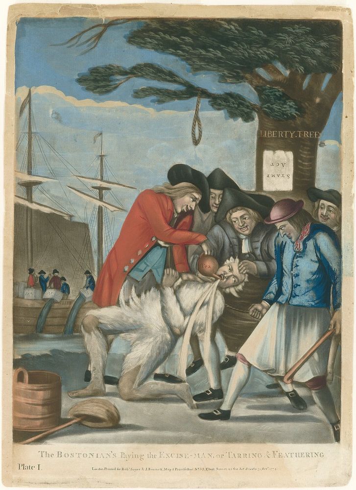 The Bostonians Paying the Excise-Man — a 1774 British print by Philip Dawe that depicts the tarring and feathering of Boston Commissioner of Customs John Malcolm. This was the second time that Malcolm had been tarred and feathered.