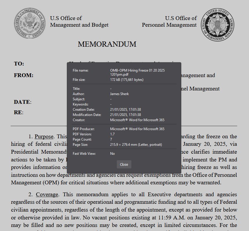 A screenshot of an OPM memo with the document properties panel showing. The author listed is James Sherk