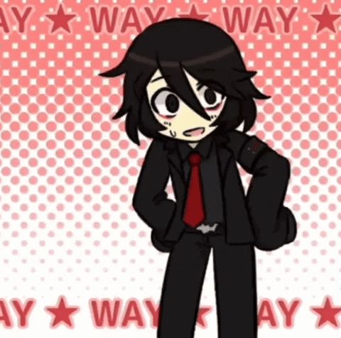 a cartoon character in a suit and tie is standing in front of a pink and white polka dot background that says way way way