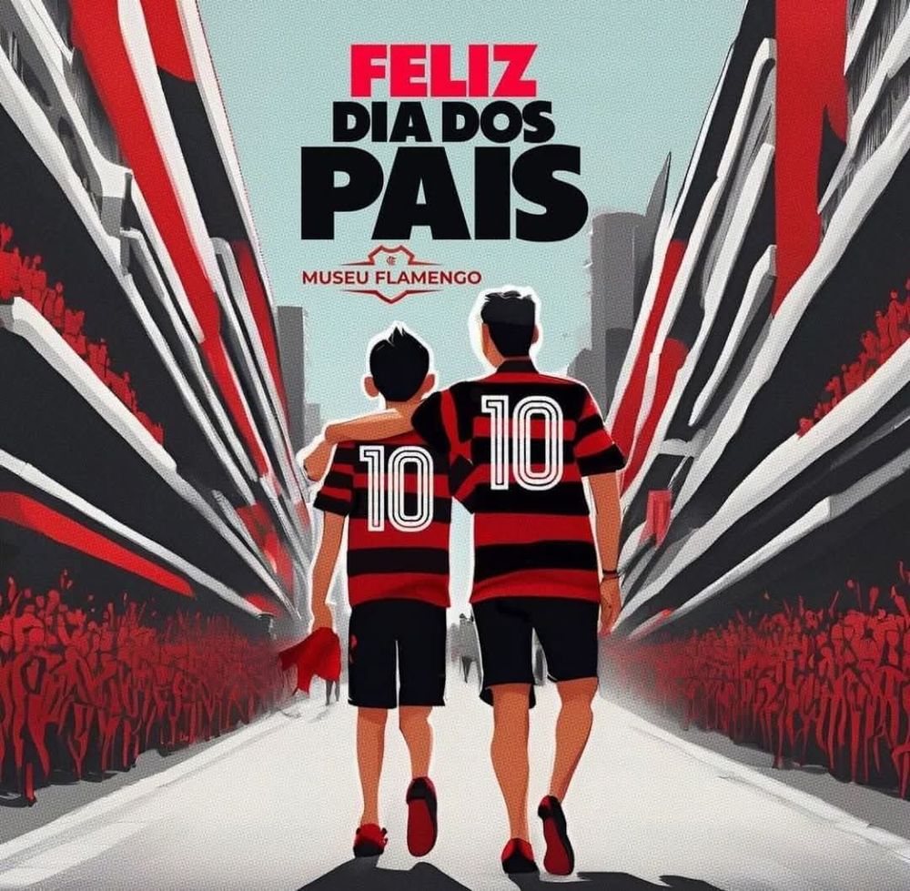 Dois homens usando camisas do flamengo com o número dez encaram uma avenida com pessoas em silhuetas vermelhas dos dois lados. Em cima, as palavras Feliz dia dos pais. É uma arte de IA, então as silhuetas não parecem muito com pessoas, o número 10 na camisa dos dois é esquisito (talvez tenha sido incluído depois), as formas lowpoly são indefinidas mas não charmosas como arte low poly costuma ser. 