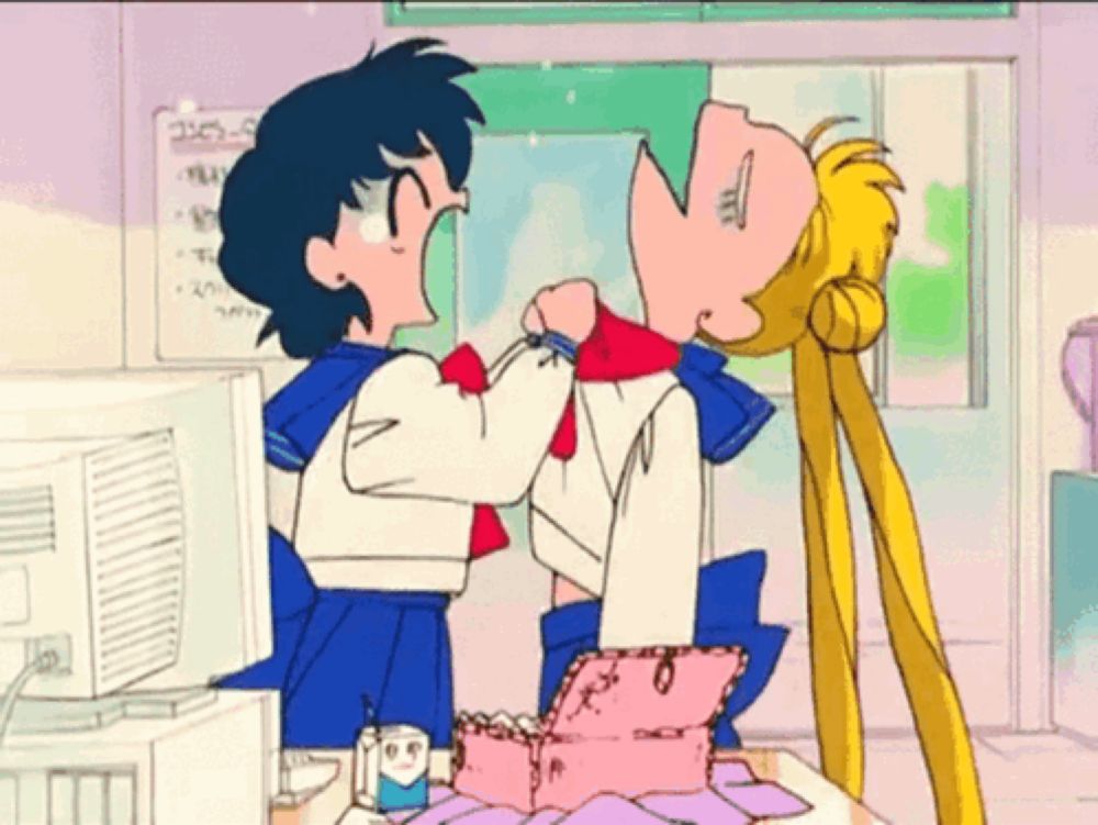 a cartoon of two girls fighting in front of a sign that says " computer "