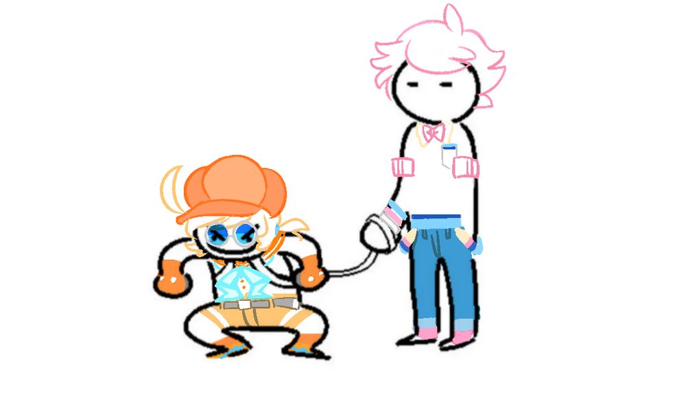 A meme of a pink haired boy holding the leash to a harness attached to an orange-haired naughty gremlin child with blue glasses.