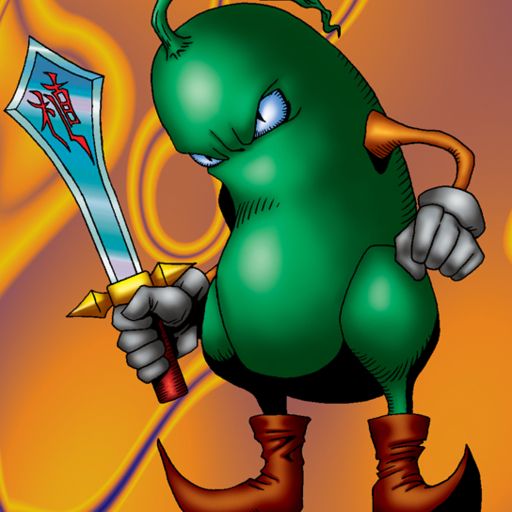 Bean Soldier, a cartoonish Green Bean with a long green stalk, sharp eyes, a nose, orange arms, wearing grey gloves and short legs, wearing short brown leather curltoe boots on their feet wielding a typical Cartoon Sword with the kanji for "Flame" engraved in red near the tip of the blade