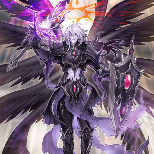 The First Darklord - Pale Elf Paladin with medium-long white hair, dark, biblical wings, a greatsword in one hand and a shield in the other with an glyph floating above his head