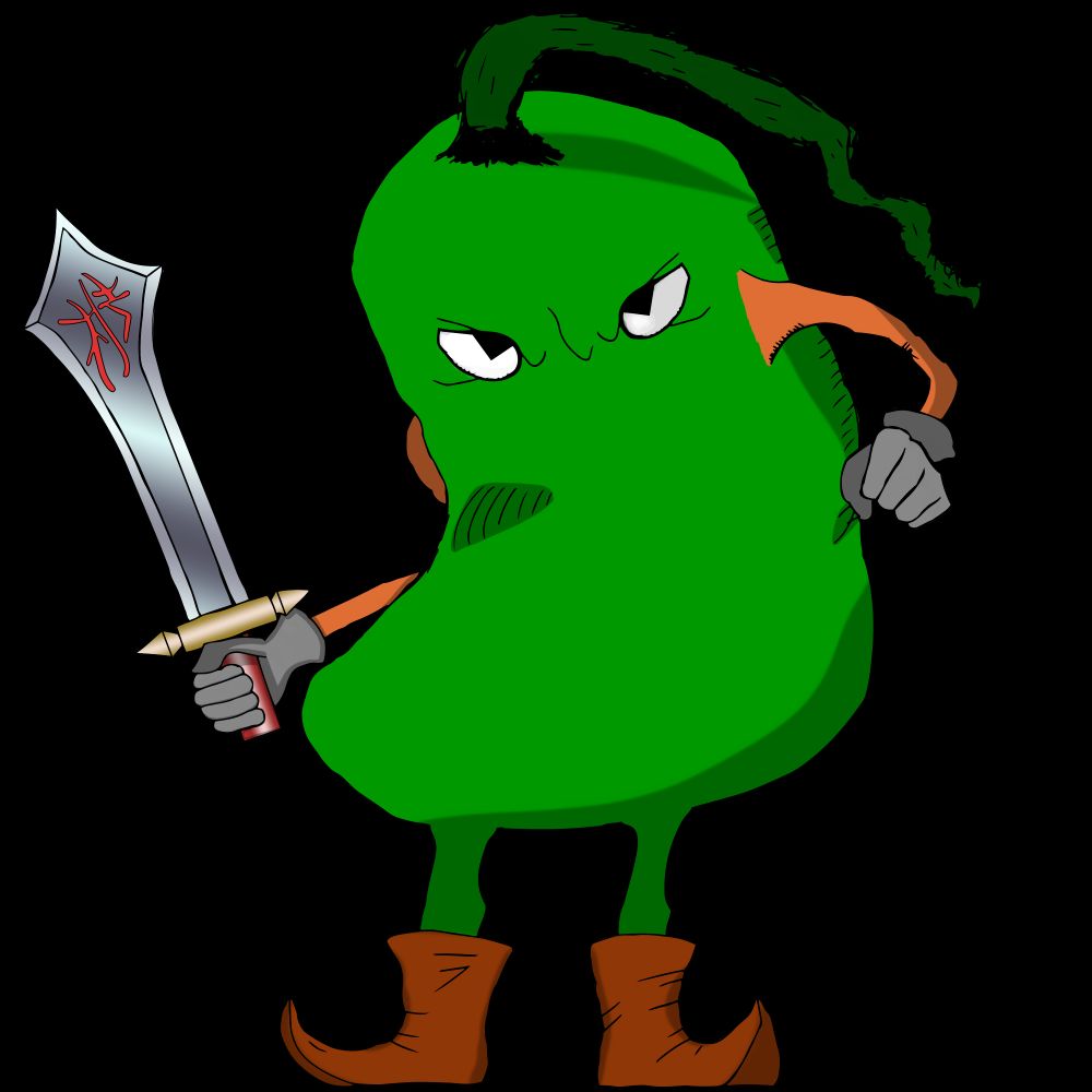 My Drawing of Bean Soldier, a cartoonish Green Bean with a long darker green stalk, sharp eyes, a nose, orange arms, wearing grey gloves and short legs, wearing short brown leather curltoe boots on their feet wielding a typical Cartoon Sword with the kanji for "Flame" engraved in red near the tip of the blade