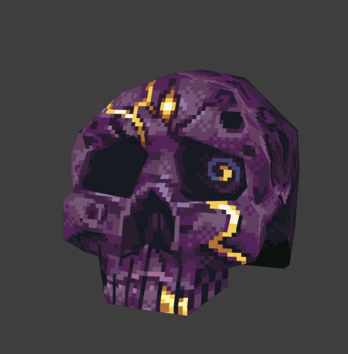 Purple low poly skull with pixel art texture. Cracks filled with gold run across the mask of the skull and one socket has a spiral eye in it. 