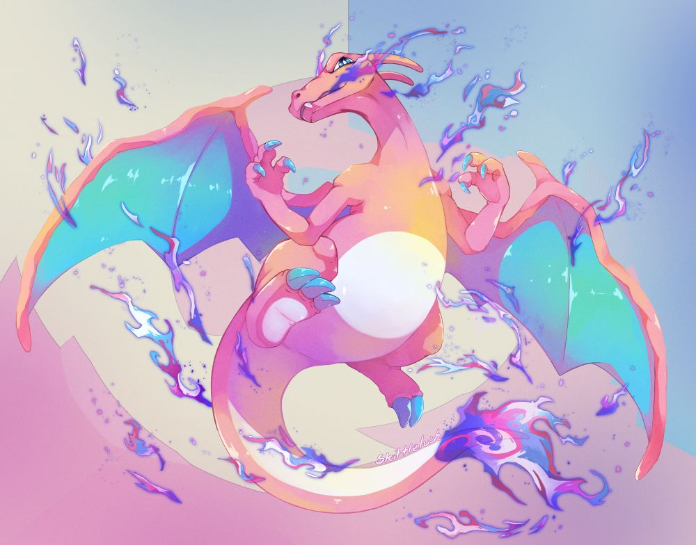 A charizard in trans pride colours. Including the flame.