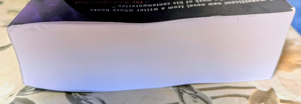 Das Bild zeigt den Oberschnitt bzw. die obere Kante eines Buches. Das Buch ist ein Paperback, das aufgrund der Dicke des Papiers für ein Buch von knapp 750 Seiten ungewöhnlich dick ist. Der Buchrücken ist teilweise sichtbar. Das Buch liegt auf einer Tischdecke in floralem Design.