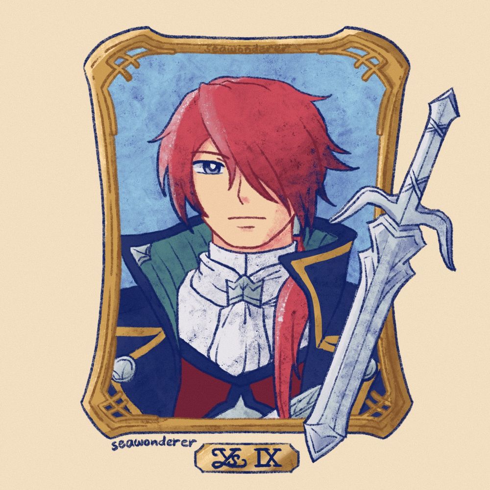 a drawing of the crimson king from the ys series. he is drawn within a decorative frame and there is a sword next to him.