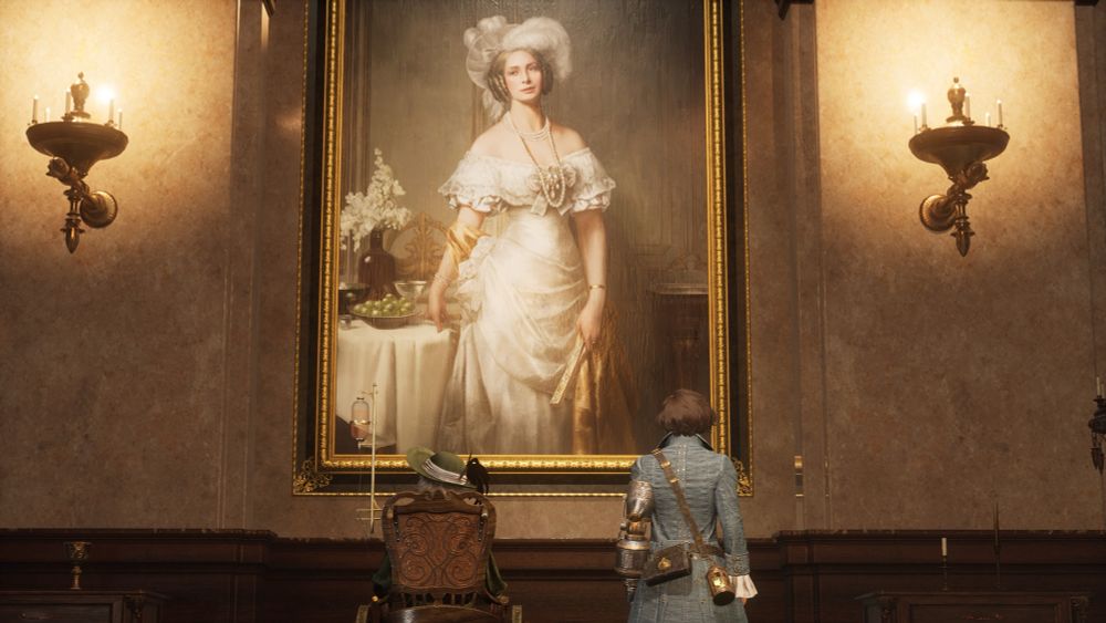 Une capture d’écran de Lies of P. P et Antonia regardent un portrait d’Antonia plus jeune. 
