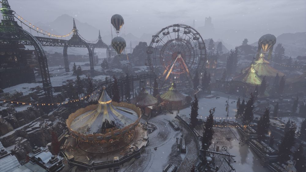 Une image du DLC de Lies of P. Un parc d’attraction est recouvert de neige.
