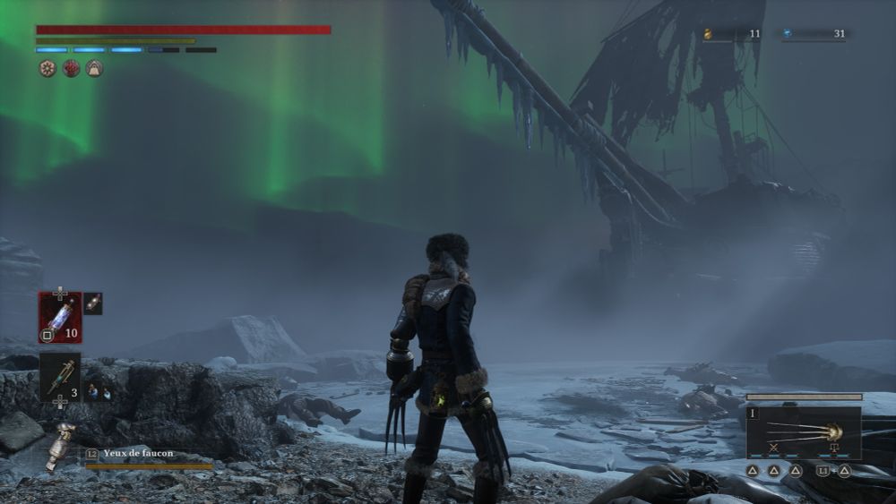 Une image du DLC de Lies of P. Derrière un bateau échoué sur la banquise se trouvent de jolies aurores boréales.