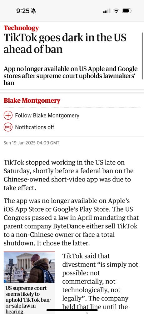 Guardian News article reporting that TikTok app no longer working in United States