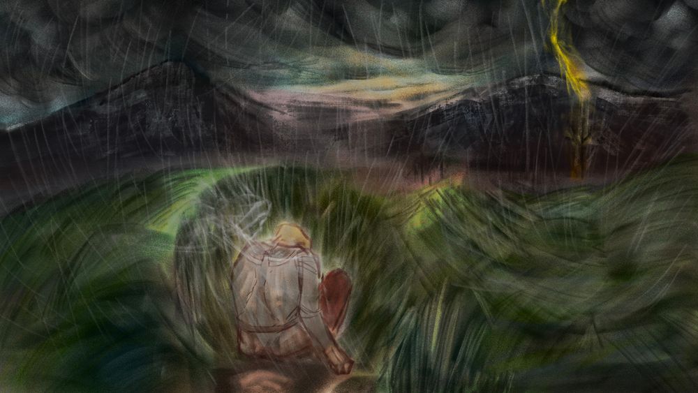 bla bla Erik bla grass, mountain, rainy storm, thunder and lightning bla bla ghost Istvan bla bla drawing u get it 