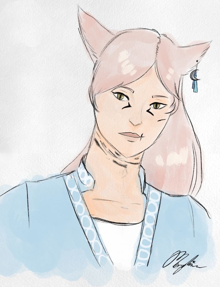 Menphina: A bust painting of a miqo'te made to look like it was done on paper. She has long pale pink hair. Her expression is calm with a faint smile. Her eyes are a dull green. There are also several small scars on her face, numerous scars on her neck, and a diagonal scar on her chest. She has the eye markings of a male sun seeker. She is wearing a pale blue tunic. The drawing overall has more cool tones than S'ria's.