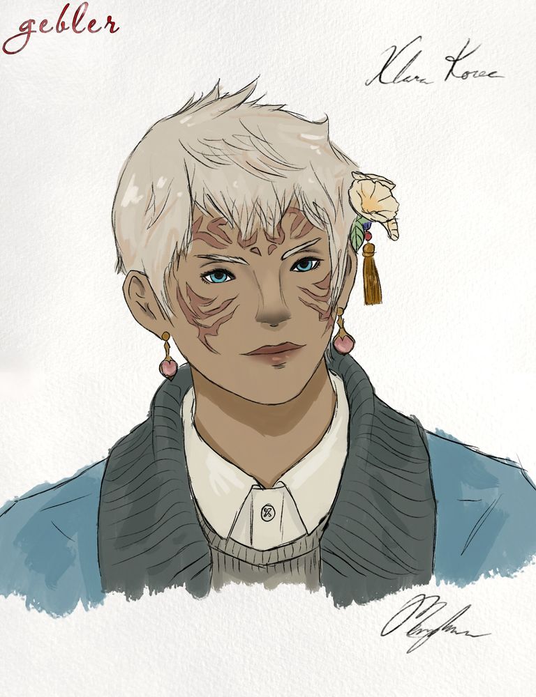 Xlara Korec
A portrait of a roe woman with short light hair and face designs.
The lineart is rough pencil and the coloring has visible paint strokes. The background looks like paper with a stamp of the Gebler logo. It is signed by Menphina.